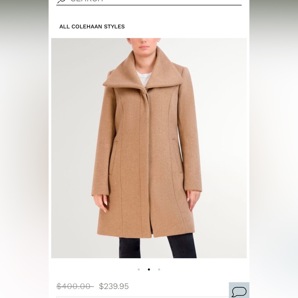 NWT Women’s Cole Haan camel wide-collar overcoat. Sz 14